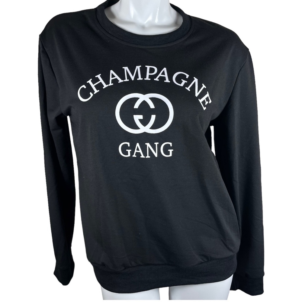 "Champagne Gang" Lightweight Black and White Long Sleeve Sweatshirt Size Large - Picture 1 of 6